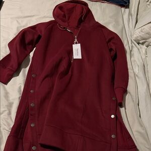 Burgundy Hooded Sweatshirt Dress with Snap Buttons